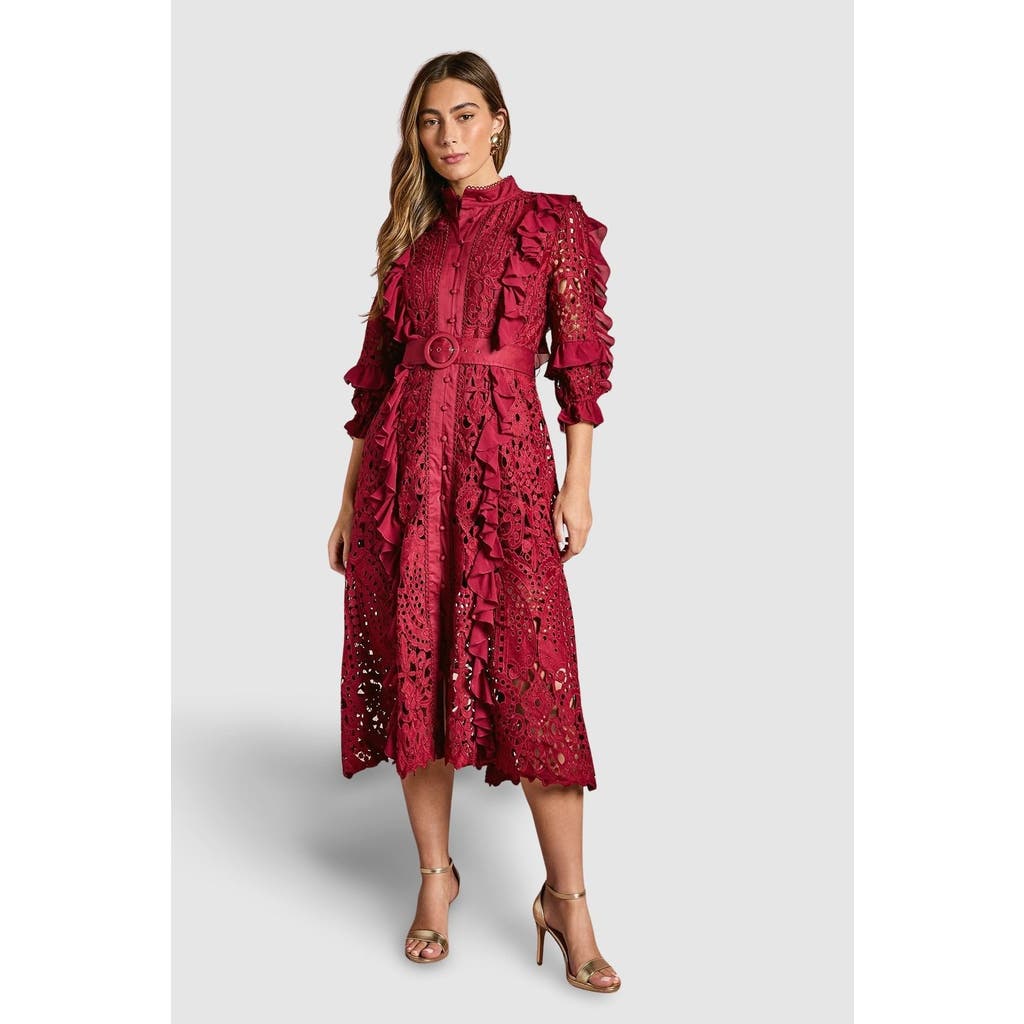 Coast Lace Ruffle Shirt Dress In Burgundy