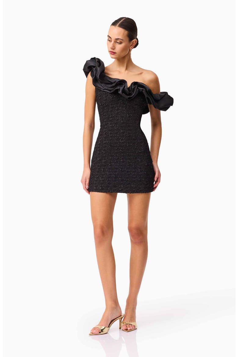 Paloma Satin Ruffle & Floral Jacquard Cocktail Minidress, Alternate, color, BLACK