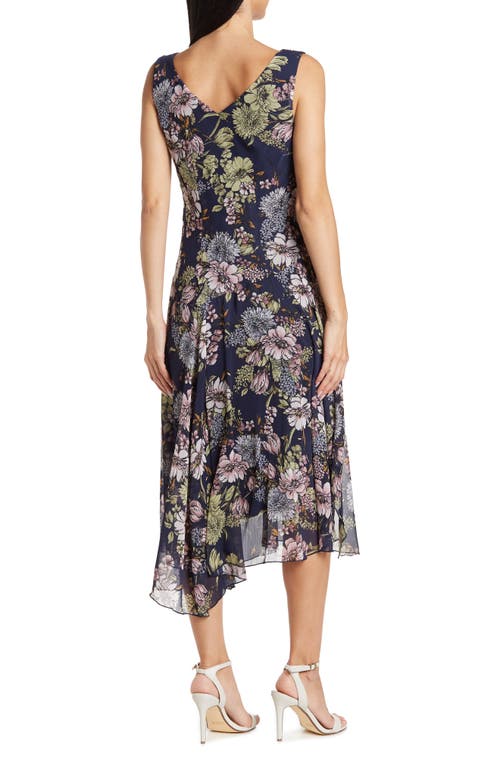 Connected Apparel Floral Chiffon Handkerchief Hem Midi Dress In Navy/mauve