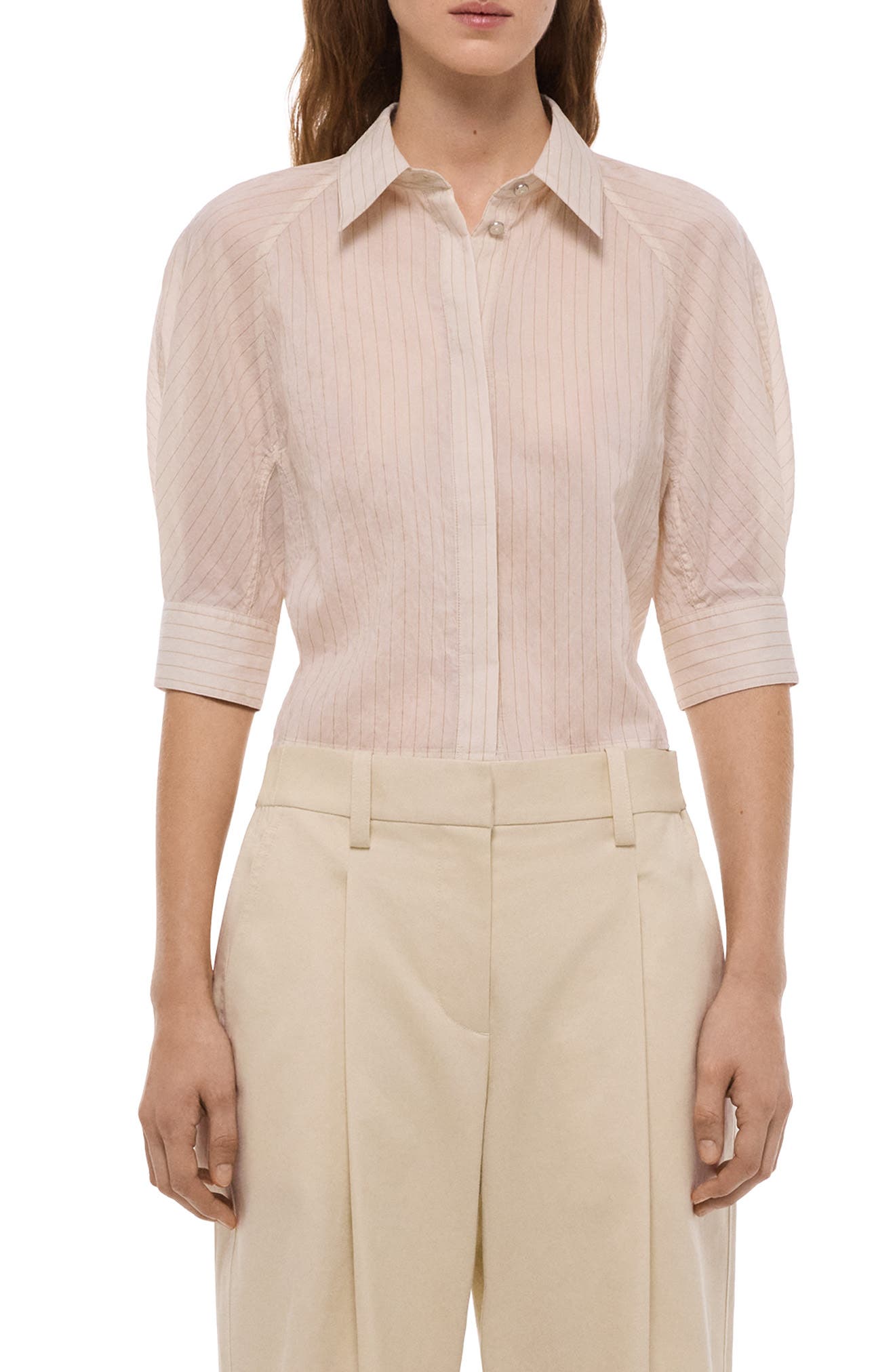 Semi-Sheer Stripe Button-Up Crop Top
