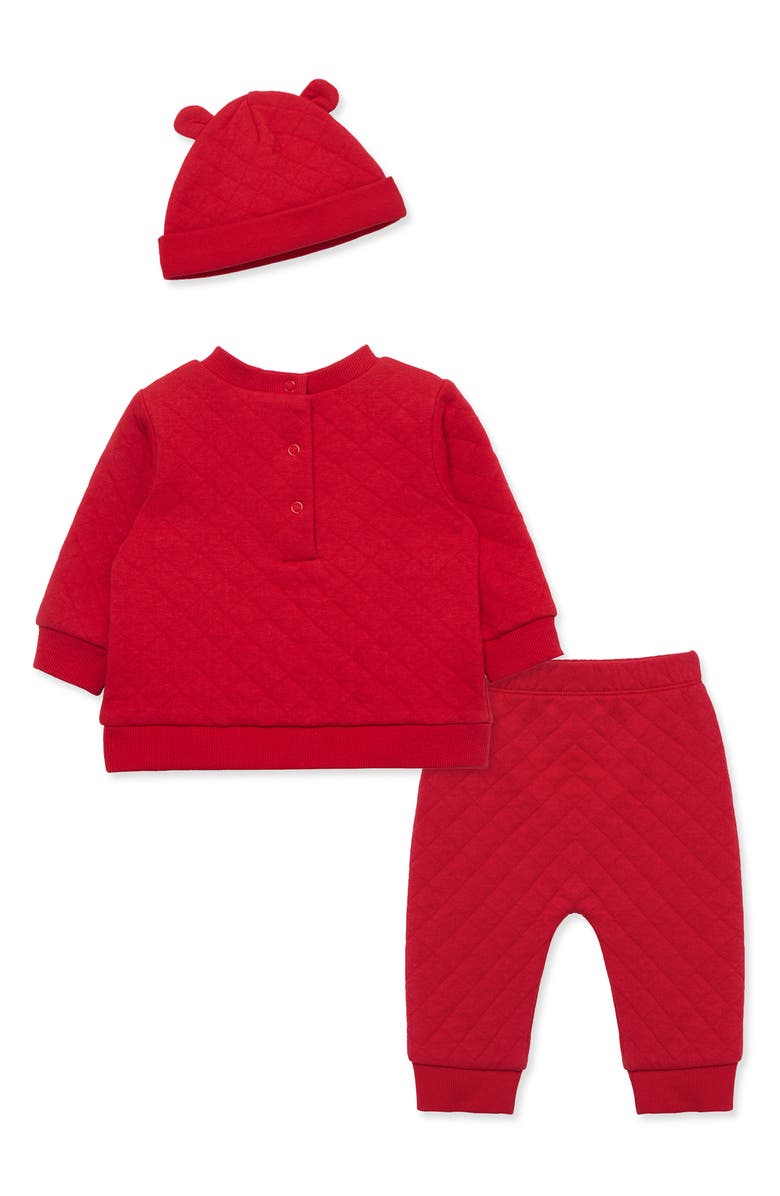 Little Me First Christmas Holiday Quilted Sweatshirt, Joggers & Hat Set, Alternate, color, Red