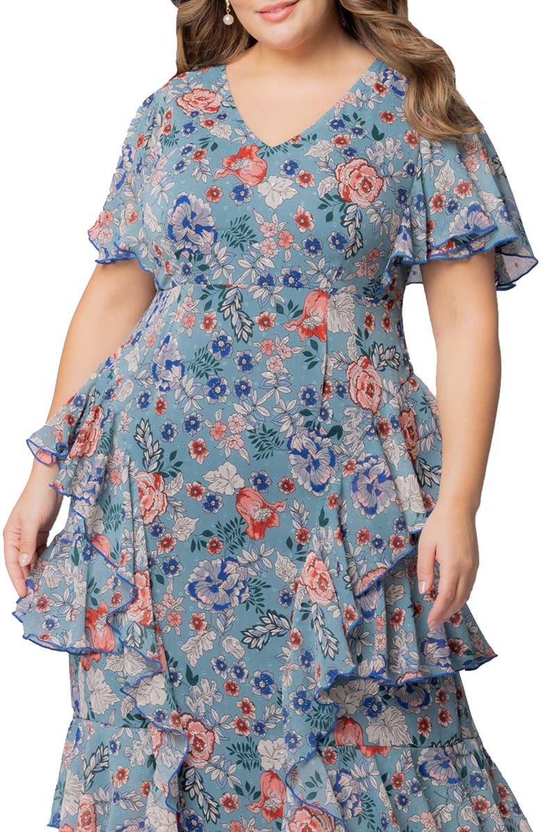 Kiyonna Tour de Flounce Tiered Maxi Dress, Alternate, color, Blue Garden Print