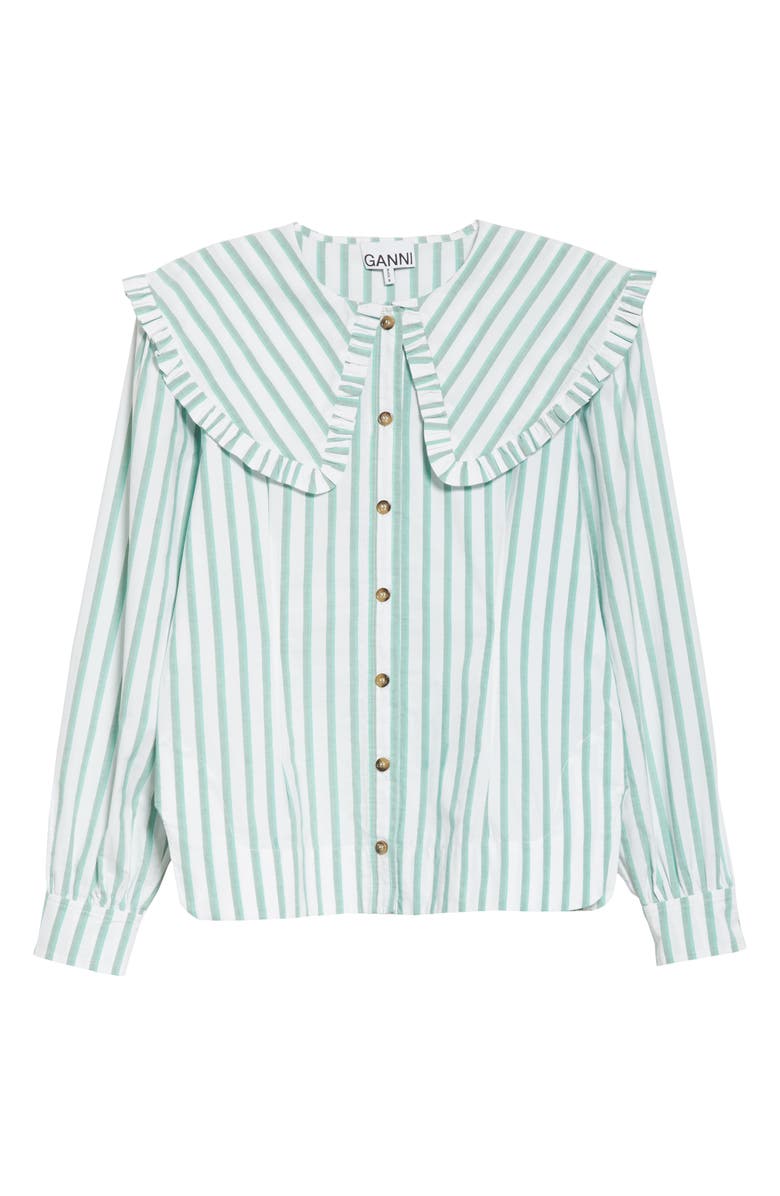 Ganni Stripe Ruffle Collar Cotton Poplin Blouse, Alternate, color, 