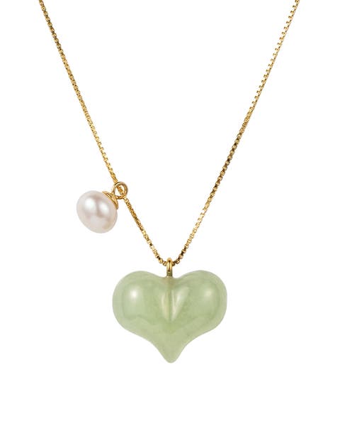 Puffed heart Green jade & pearl pendant necklace