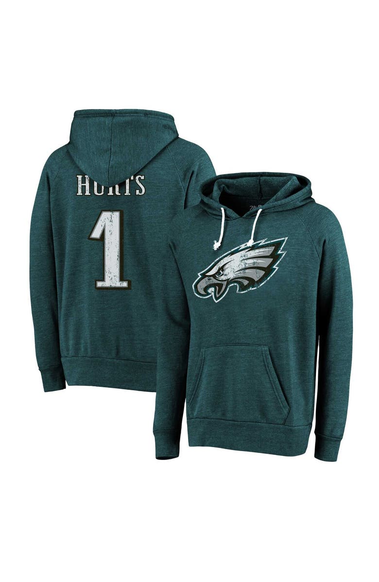 Majestic Threads Men's Majestic Threads Jalen Hurts Midnight Green Philadelphia Eagles Name & Number Tri-Blend Pullover Hoodie, Main, color, Green