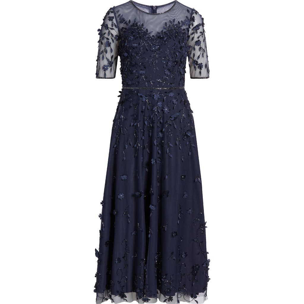 Pisarro Nights 3d Floral Beaded Gown In Navy