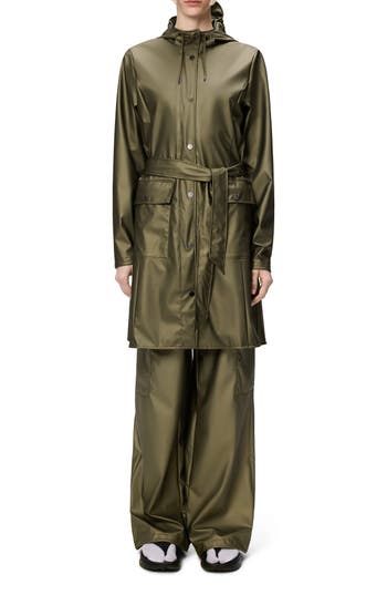 Rains Curve Waterproof Belted Jacket In Green