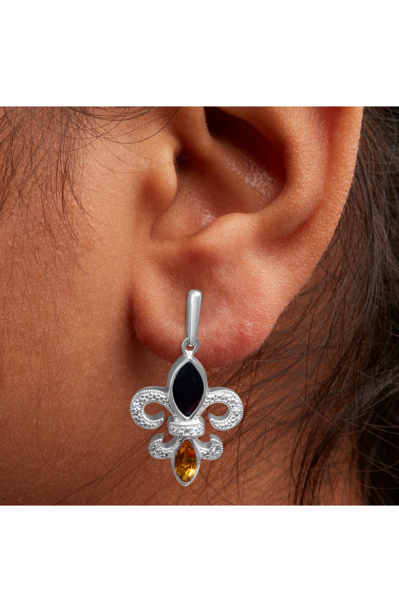 Haus of Brilliance Silver Marquise Onyx and Citrine Diamond Accent Fleur De Lis Drop Stud Earrings, Alternate, color, White