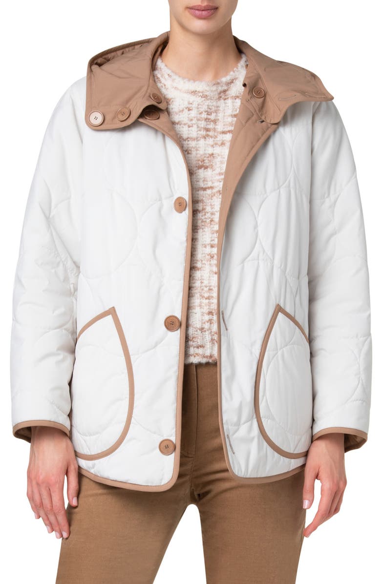 Akris punto Boxy Signature Techno Dot Quilt Reversible Hooded Jacket, Main, color, Cream-Caramel