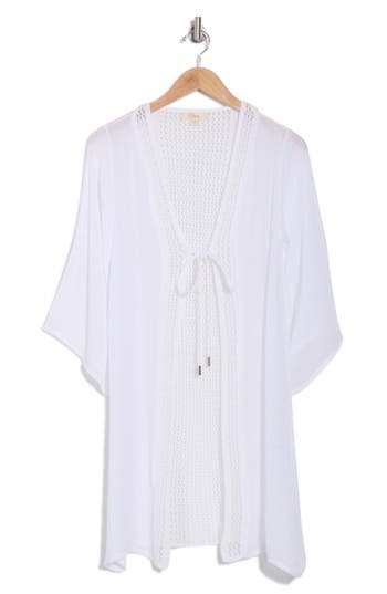 Elan Three-quarter Sleeve Open Stitch Cover-up Duster In White