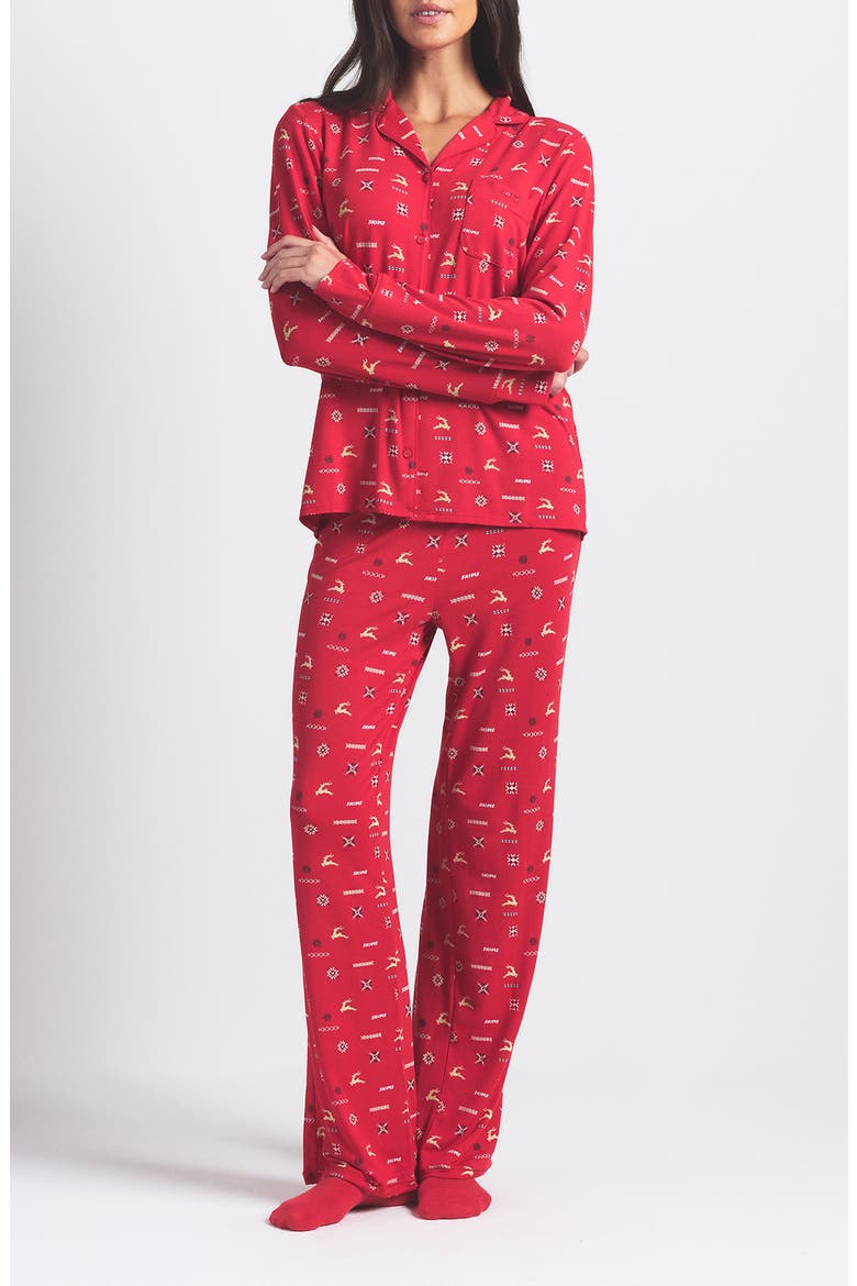 Long Sleeve Button-Up Shirt & Pants Pajama Set, Main, color, CRANBERRY VINTAGE DEER PRINT
