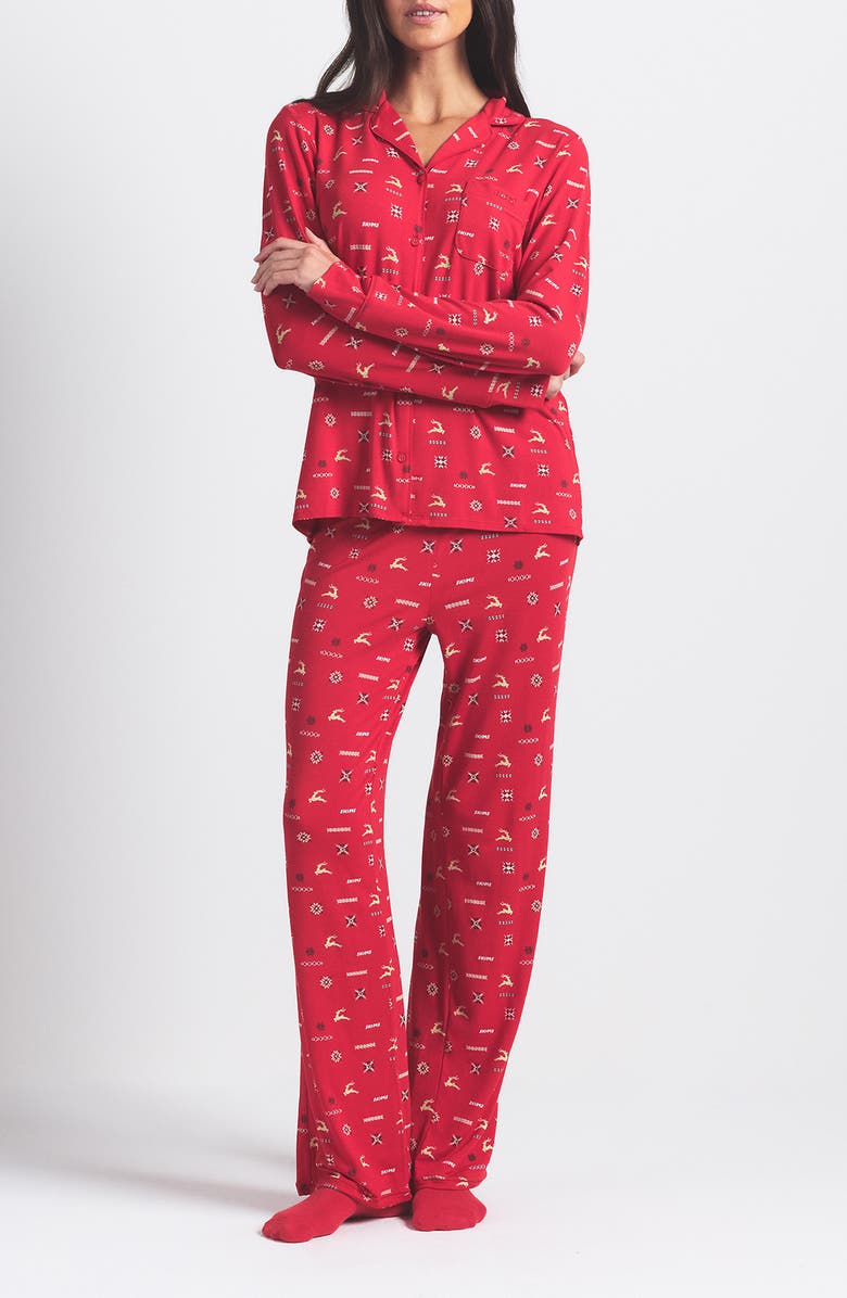 SKIMS Long Sleeve Button-Up Shirt & Pants Pajama Set, Main, color, Cranberry Vintage Deer Print