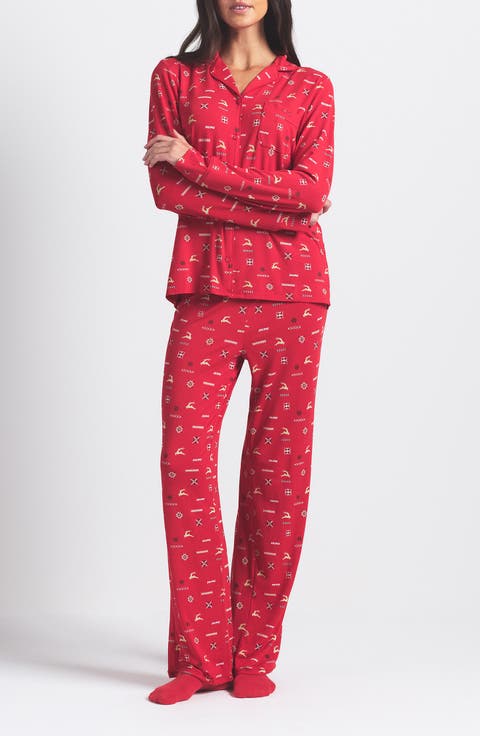 Long Sleeve Button-Up Shirt & Pants Pajama Set (Regular & Plus)