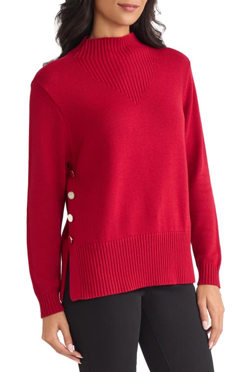 Jones New York Button Detail Rib Funnel Neck Sweater In Red