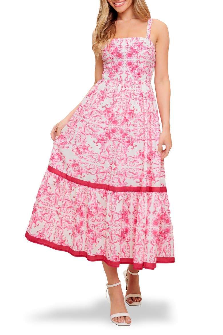Tiered Hem Midi Dress, Main, color, IVORY FUCHSIA