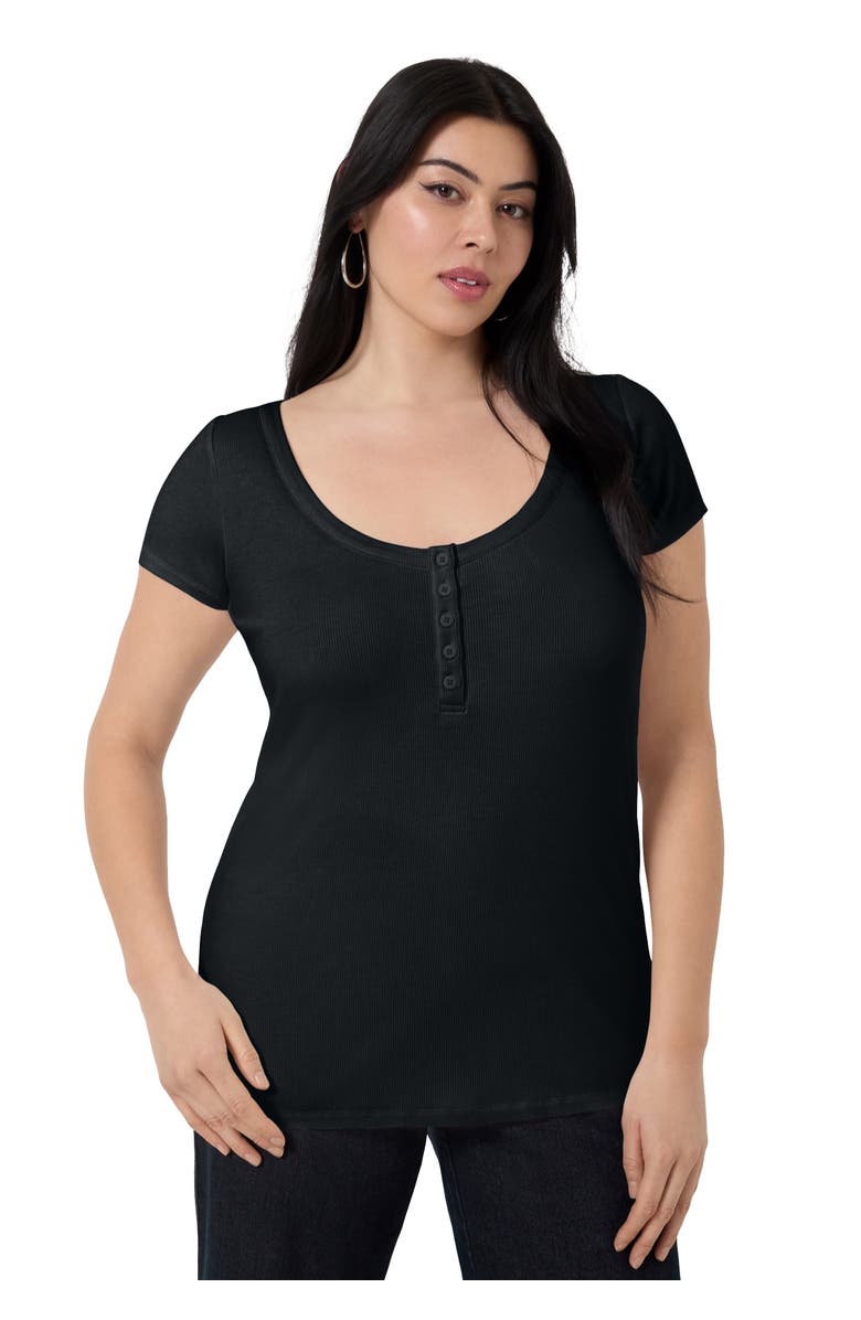 June + Vie Ribbed Henley Top, Main, color, Black