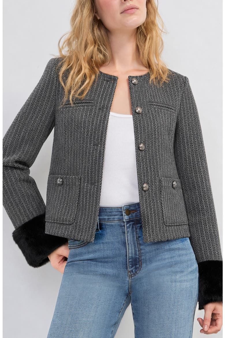 Herringbone Jacket with Faux Fur Cuffs, Main, color, BLACK MULTI