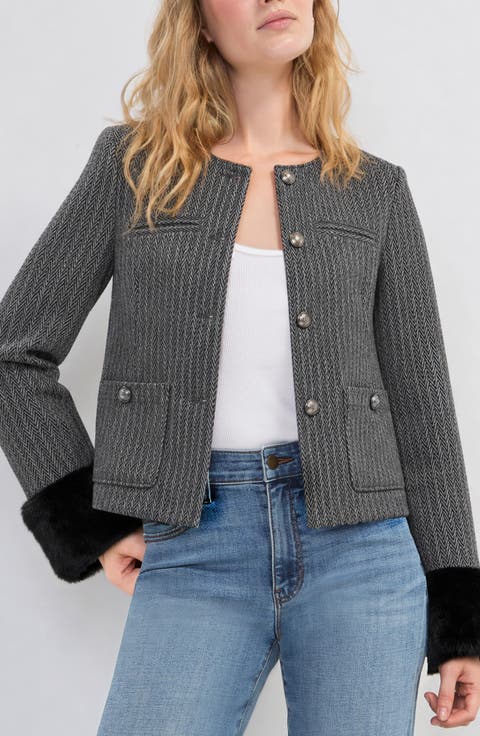 Herringbone Jacket with Faux Fur Cuffs