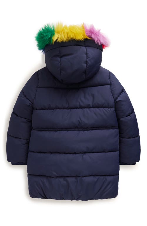 Mini Boden Longline Padded Coat College Navy Rainbow Fur Girls Boden