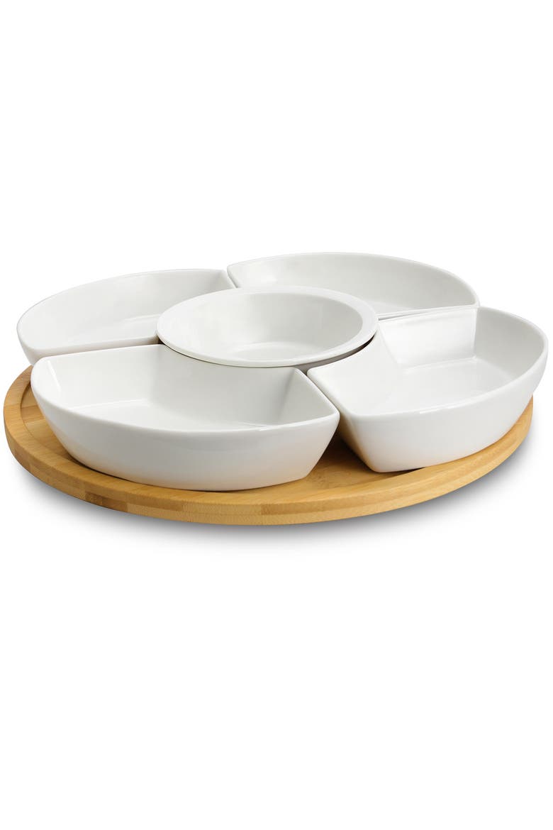 12 1/4 Inch 6-Piece Lazy Susan Appetizer and Condiment Server Set with 5 Serving Dishes and a Wood Lazy Suzan Serving Tray, Alternate, color, White