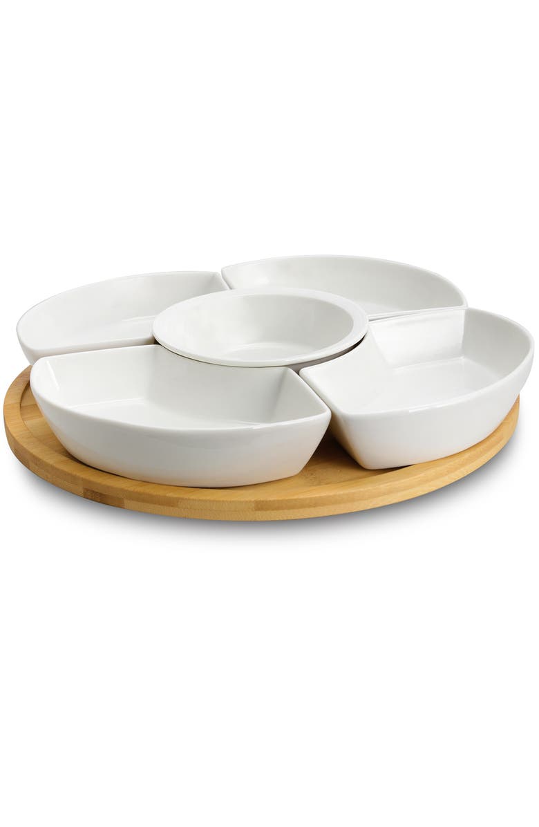 Elama Signature 12 1/4 Inch 6-Piece Lazy Susan Appetizer and Condiment Server Set with 5 Serving Dishes and a Wood Lazy Suzan Serving Tray, Alternate, color, White