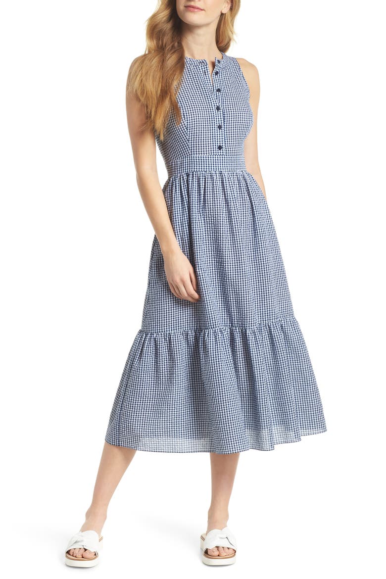 Ardith Gingham Fit & Flare Midi Dress, Main, color, BLUE/ WHITE