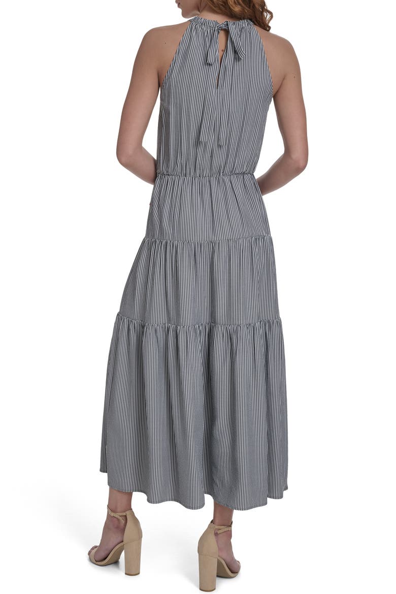 Tie Neck Tiered Maxi Dress, Alternate, color, SKY CAPTAIN / BRIGHT WHITE