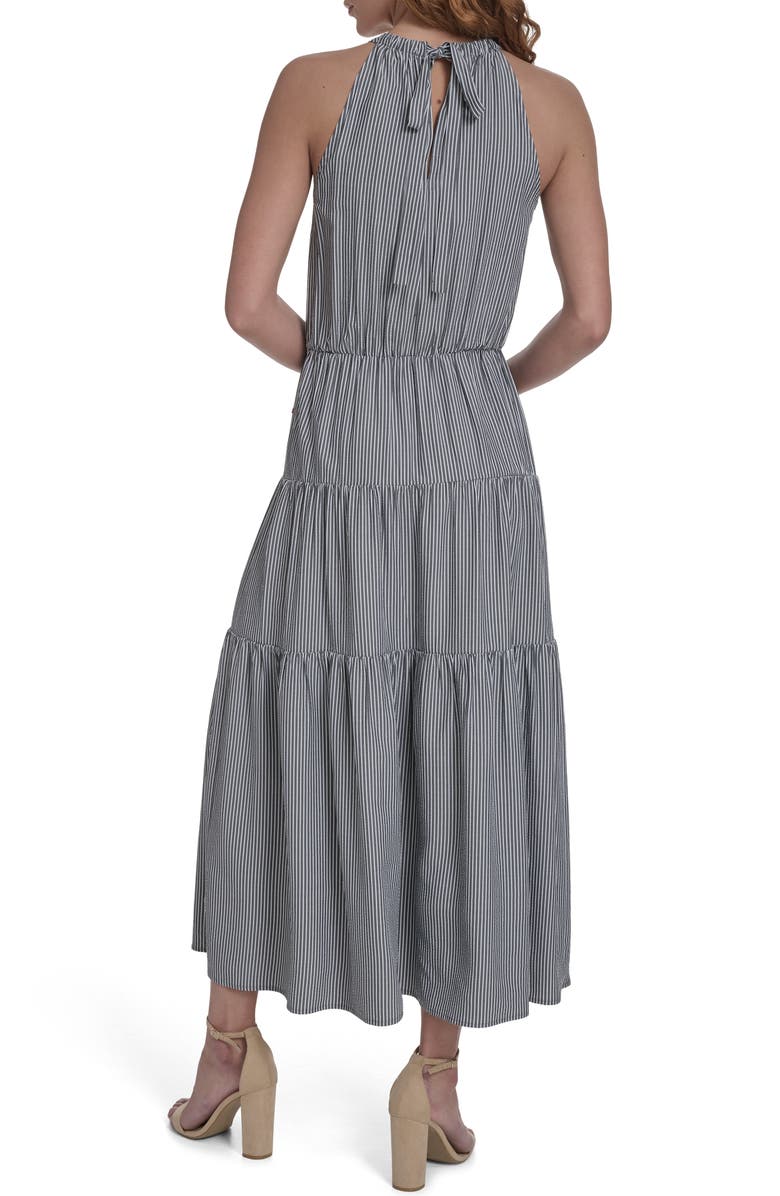 Tommy Hilfiger Tie Neck Tiered Maxi Dress, Alternate, color, Sky Captain / Bright White
