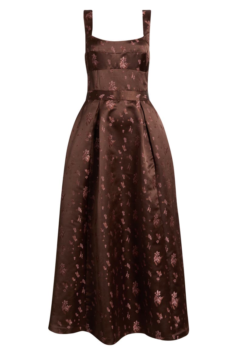 Pleated Seamed Bodice Jacquard Maxi Cocktail Dress, Alternate, color, BROWN BROCADE