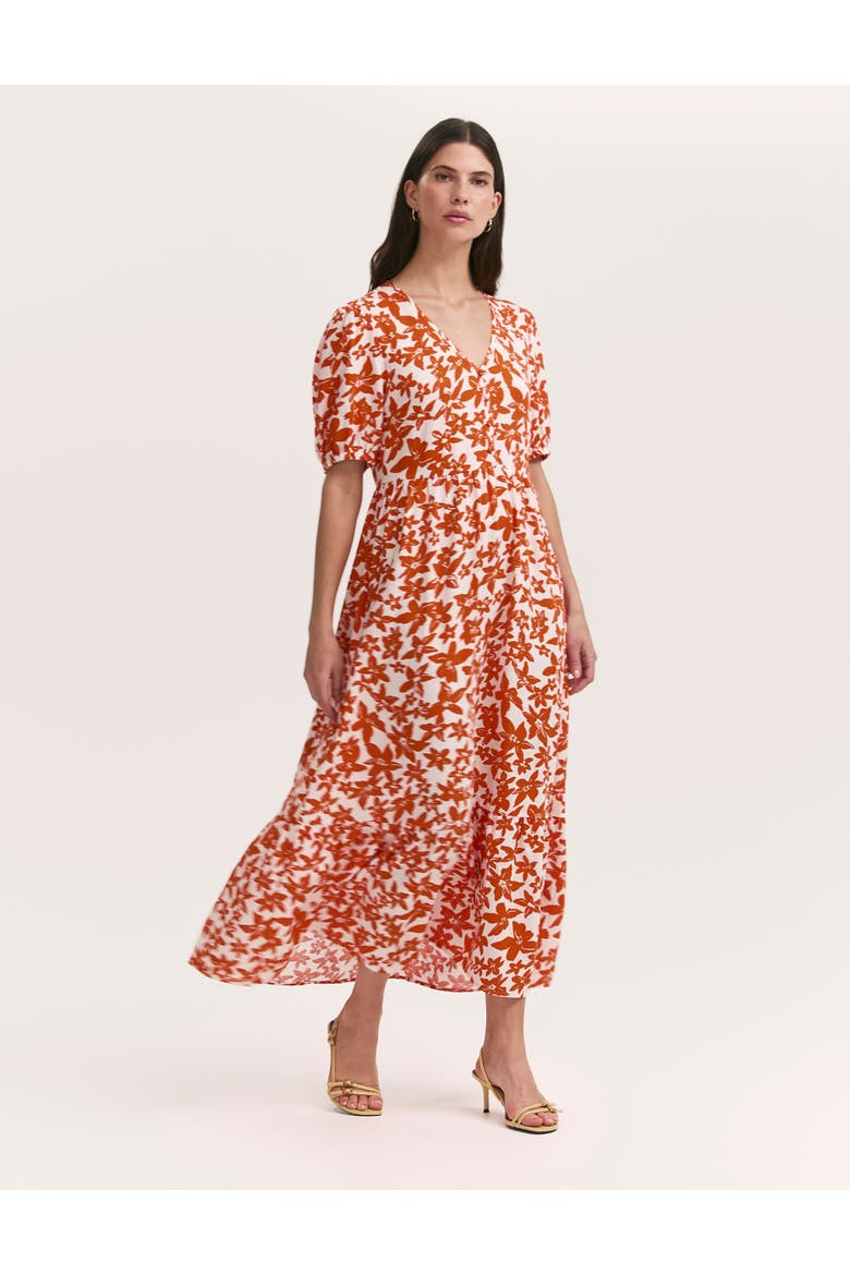 Sabine Floral Tiered Midi Dress, Main, color, Orange Flowers