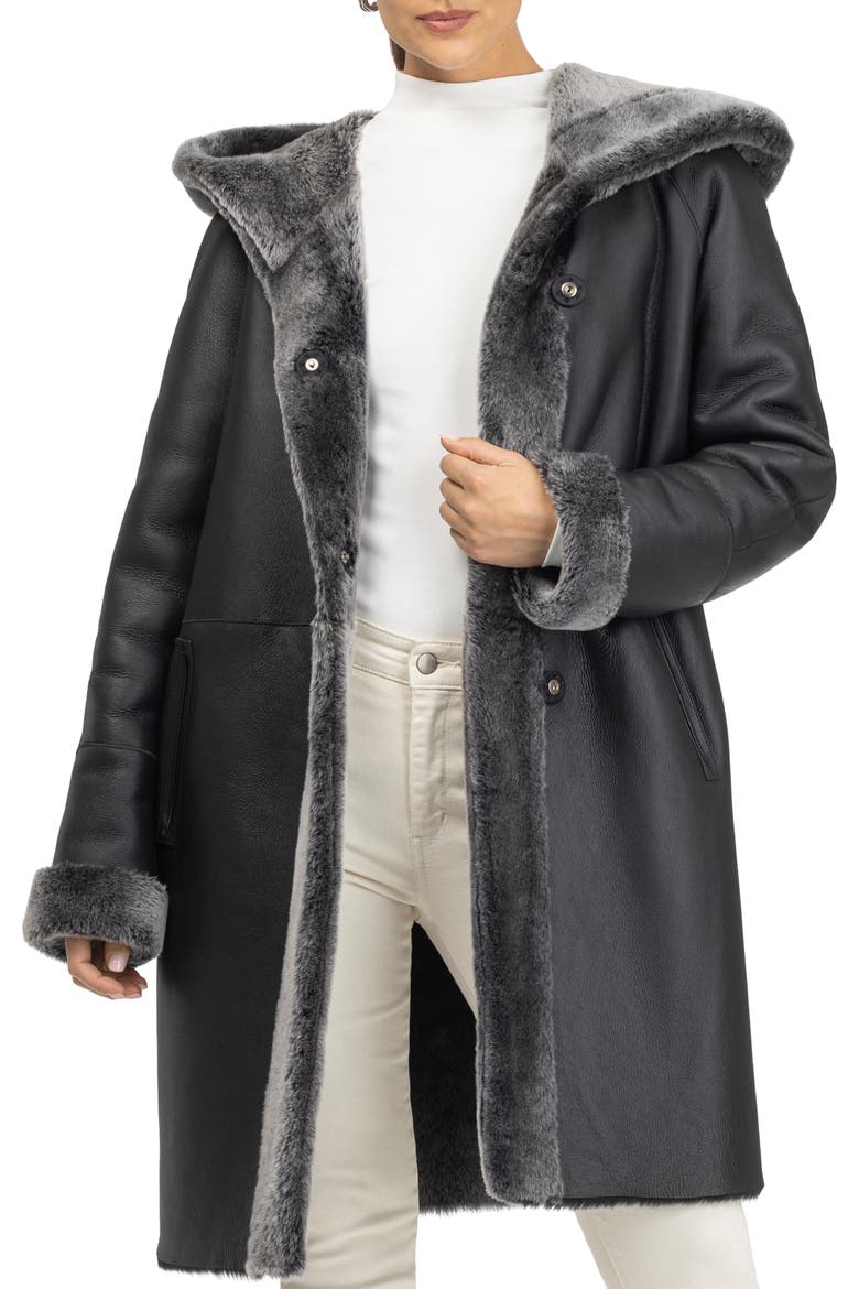 Merino Shearling Hooded Parka, Alternate, color, BLACK BRISA