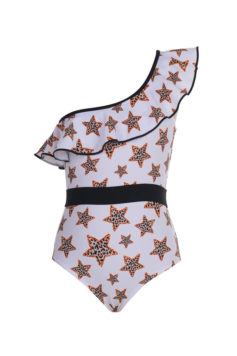One-Shoulder Starry Safari Belted One-Piece Swimsuit, Main, color, White