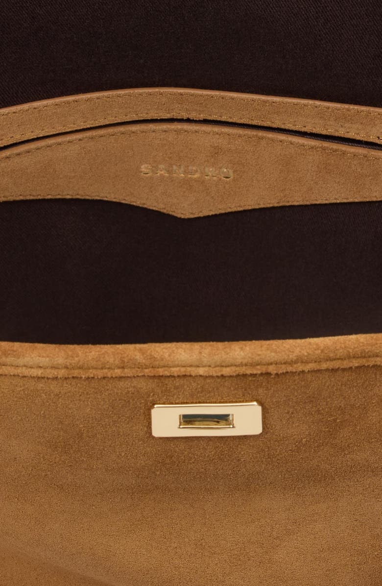 SANDRO TANGOSO fringed suede bucket bag, Alternate, color, Camel