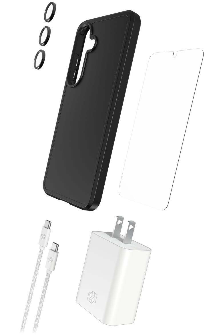 - 5 in 1 Essentials Bundle (includes Case/ Camera Lens Protector/ Glass Screen Protector/ 30W Charging Block/ 6ft Cable) for Samsung Galaxy S25 - Black, Main, color, Black