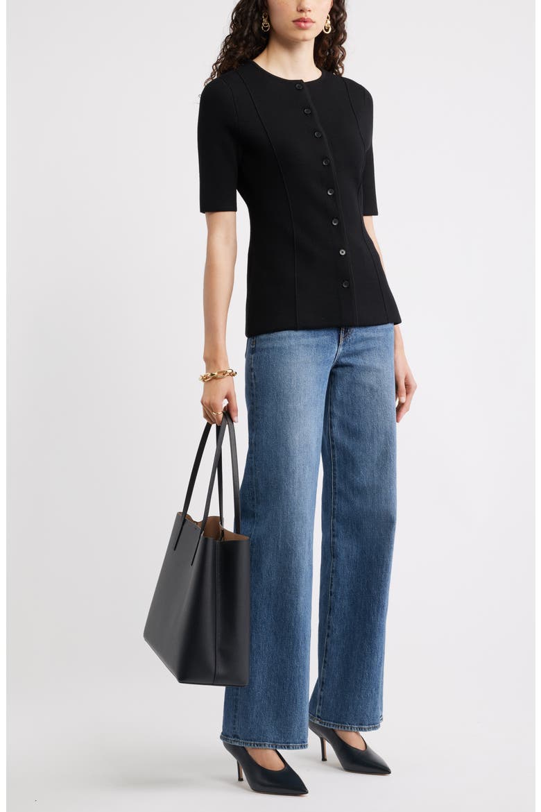 Crewneck Elbow Sleeve Cardigan, Alternate, color, BLACK