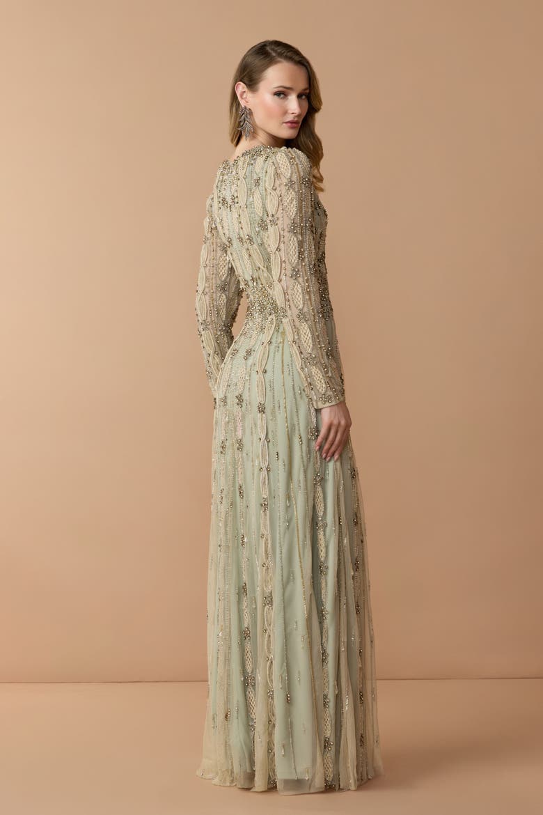 Embellished Mesh Long Sleeve A Line Gown, Alternate, color, Light/Pastel Green