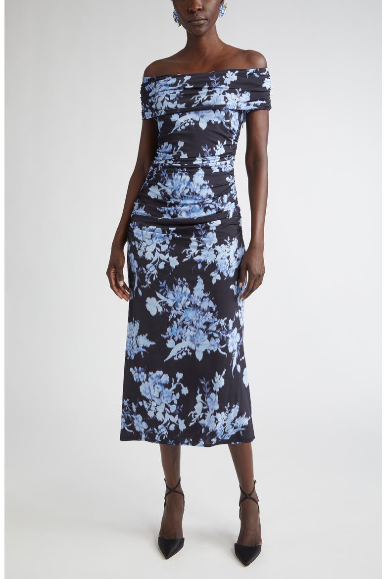 Floral Print Ruched Off the Shoulder Jersey Gown, Main, color, MIDNIGHT MULTI