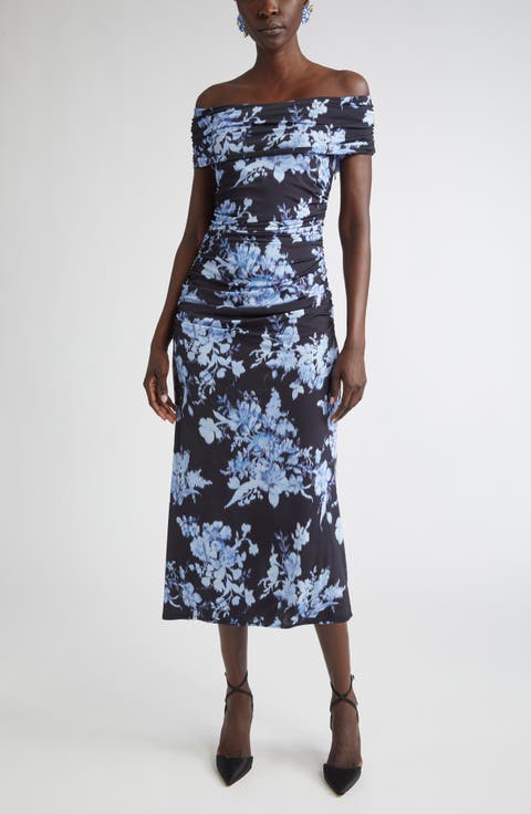 Floral Print Ruched Off the Shoulder Jersey Gown