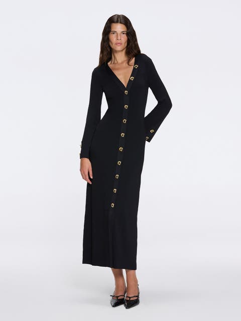 Brezia Knitted Maxi Dress with Long Sleeves and Gold Button Details