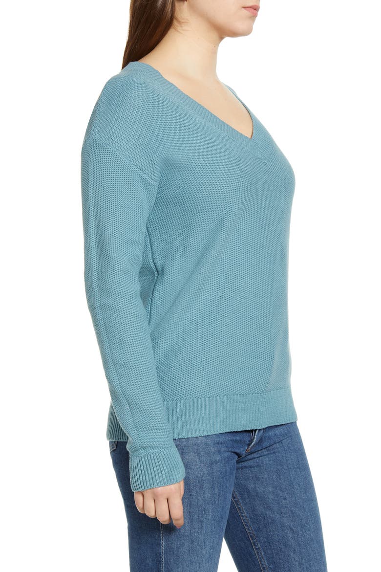 V-Neck Cotton Seed Stitch Sweater, Alternate, color, BLUE SMOKE