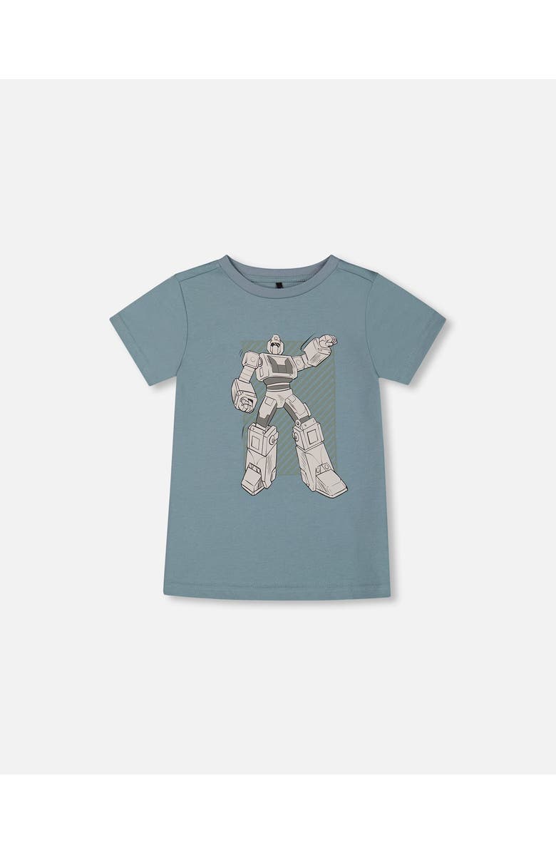 Deux par Deux Boy's Organic Cotton Graphic Tee Grayish Teal And Robot, Main, color, 