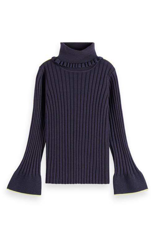 Scotch & Soda Kids' Rib Mock Neck Flare Sleeve Sweater In Blue