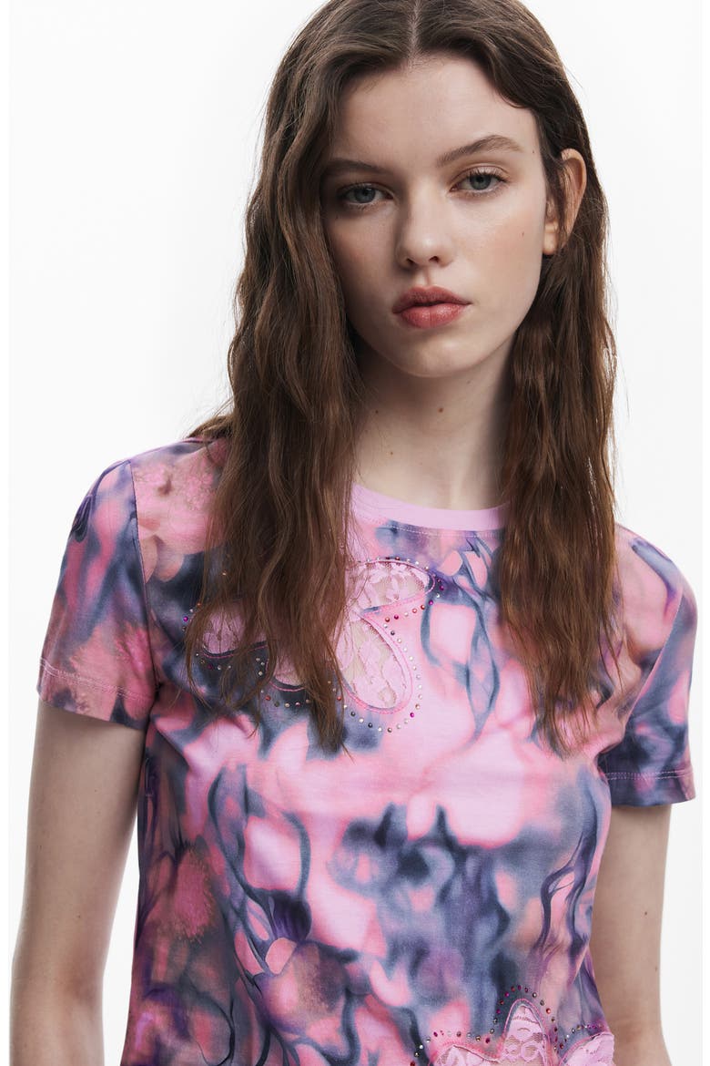 Floral Embellished Lace Inset Cotton T-Shirt, Alternate, color, PINK