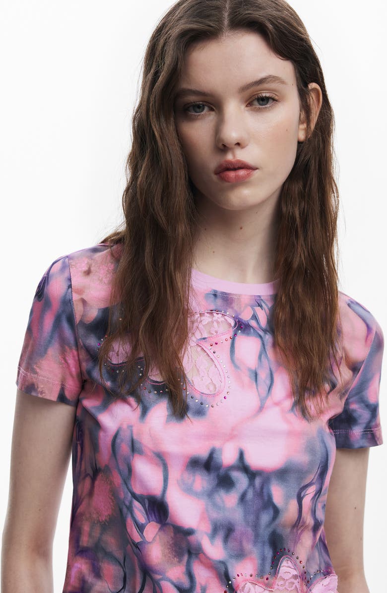 Desigual Floral Embellished Lace Inset Cotton T-Shirt, Alternate, color, Pink