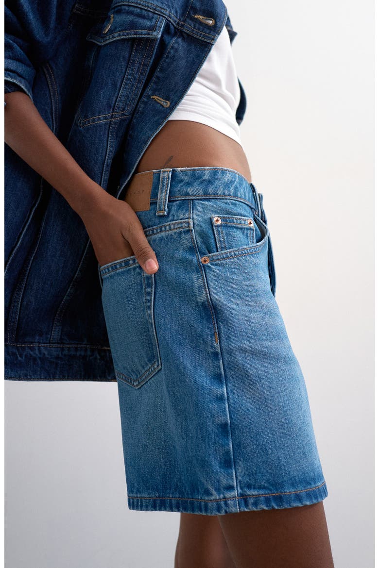 Editor Mid Rise Cotton Denim Shorts, Alternate, color, BLUE