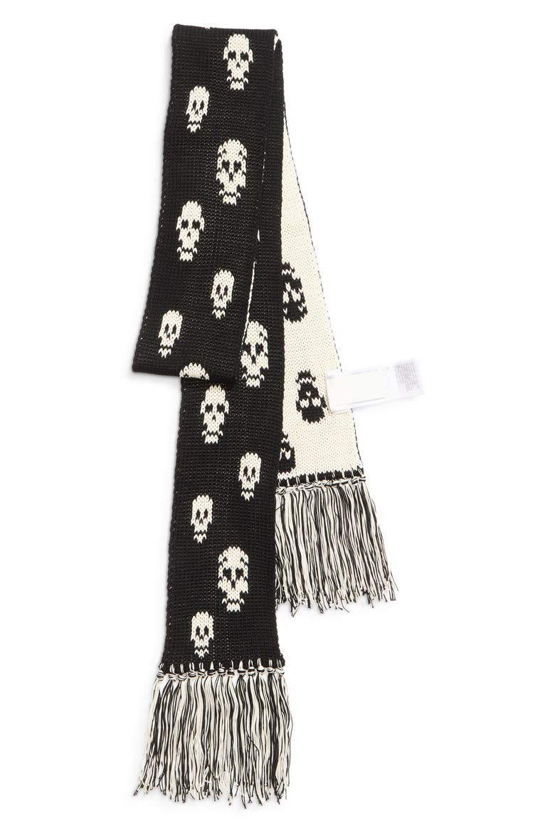 Skull Jacquard Fringe Scarf, Alternate, color, BLACK/ IVORY