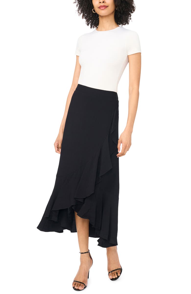 Vince Camuto Ruffle High-Low Midi Skirt, Alternate, color, Rich Black