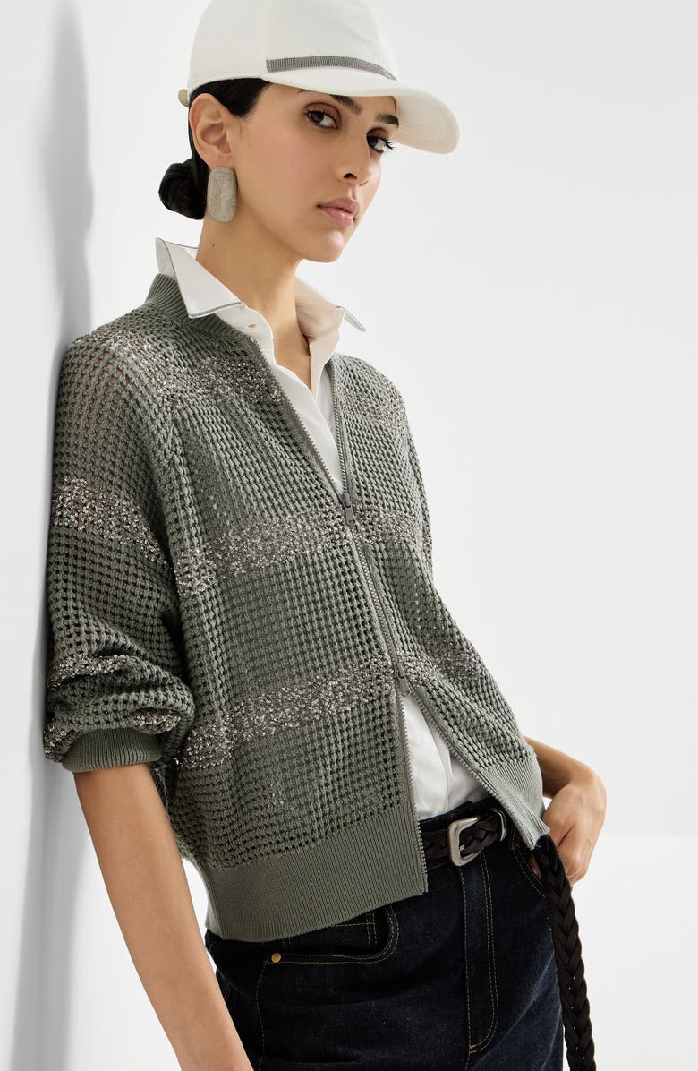 Brunello Cucinelli Cardigan with dazzling stripes, Alternate, color, Khaki