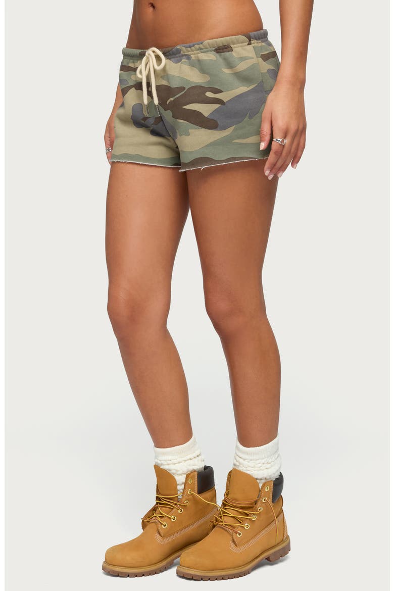 Camo Print Raw Hem Drawstring Shorts, Alternate, color, OLIVE
