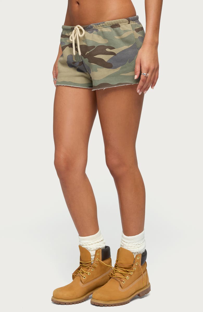EDIKTED Camo Print Raw Hem Drawstring Shorts, Alternate, color, 